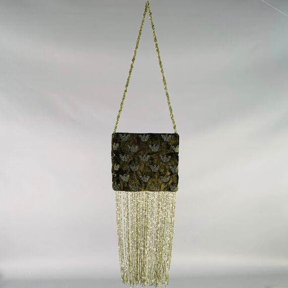 EMPORIO ARMANI Green Olive Logo Velvet Beaded Fringe Shoulder Handbag - Picture 1 of 6